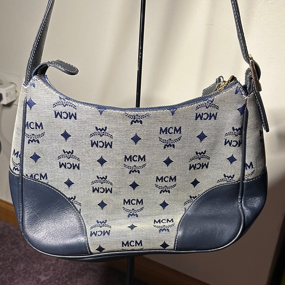 MCM Navy and Gray Monogram Shoulder Bag Leather & Denim w Dust Bag - Picture 4 of 8